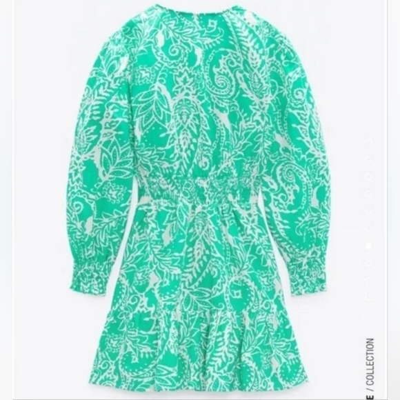 Zara Linen Long Sleeve Flirty Tropical Green Ruffled Linen Cotton Dress SIZE S - Picture 4 of 11